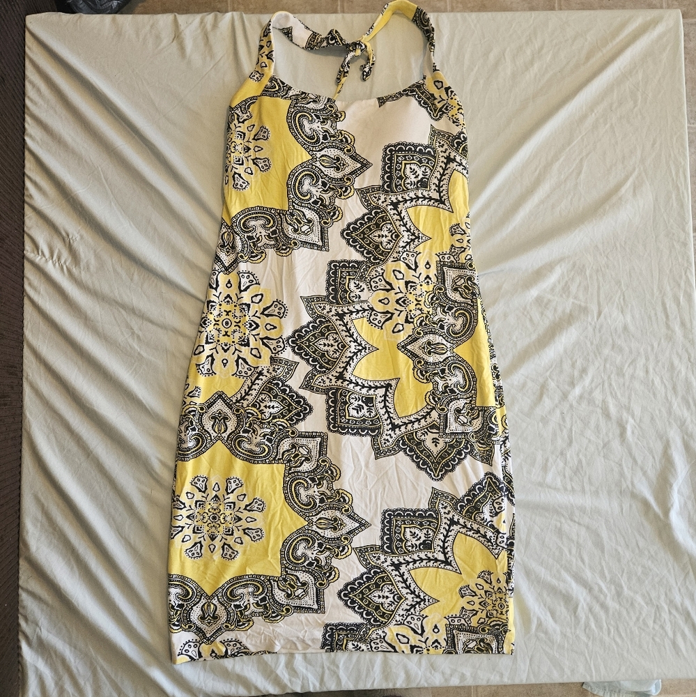 Y2K Vintage CACHE HALTER‎ DRESS SIZE 10 Tie Back Yellow And White Spring Summer